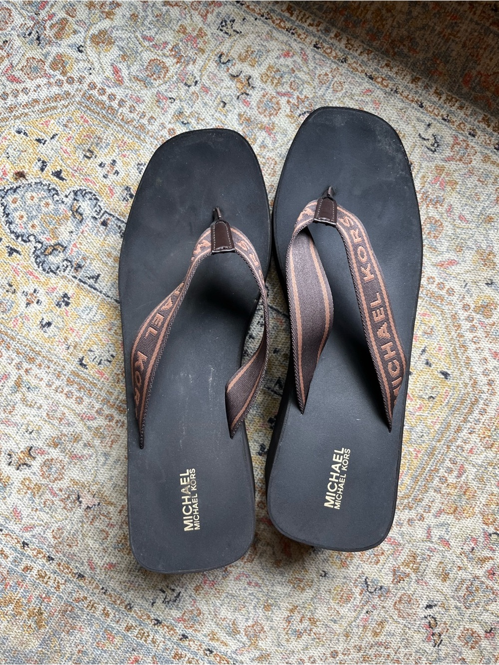 Michael Kors Black Flip Flops with Brown Logo Straps